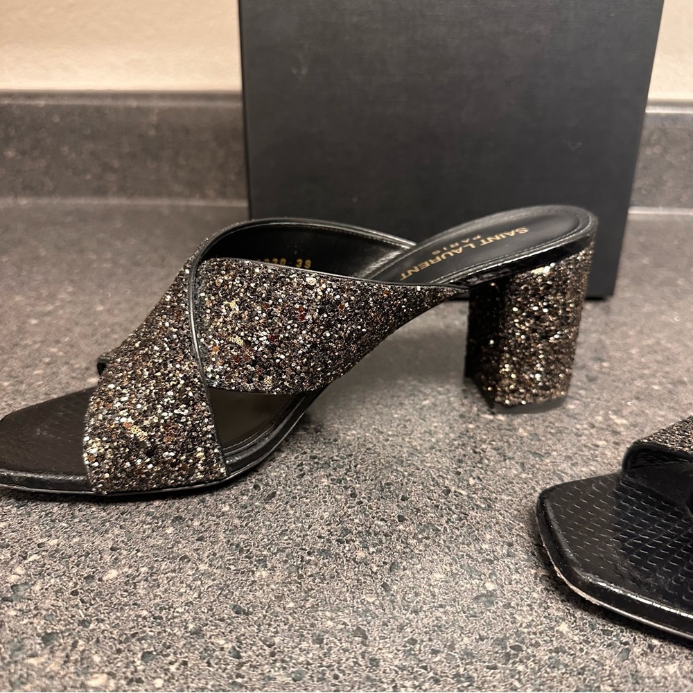 Saint Laurent Black and Gold Glitter Crisscross Block Heel Mules - Picture 8 of 13